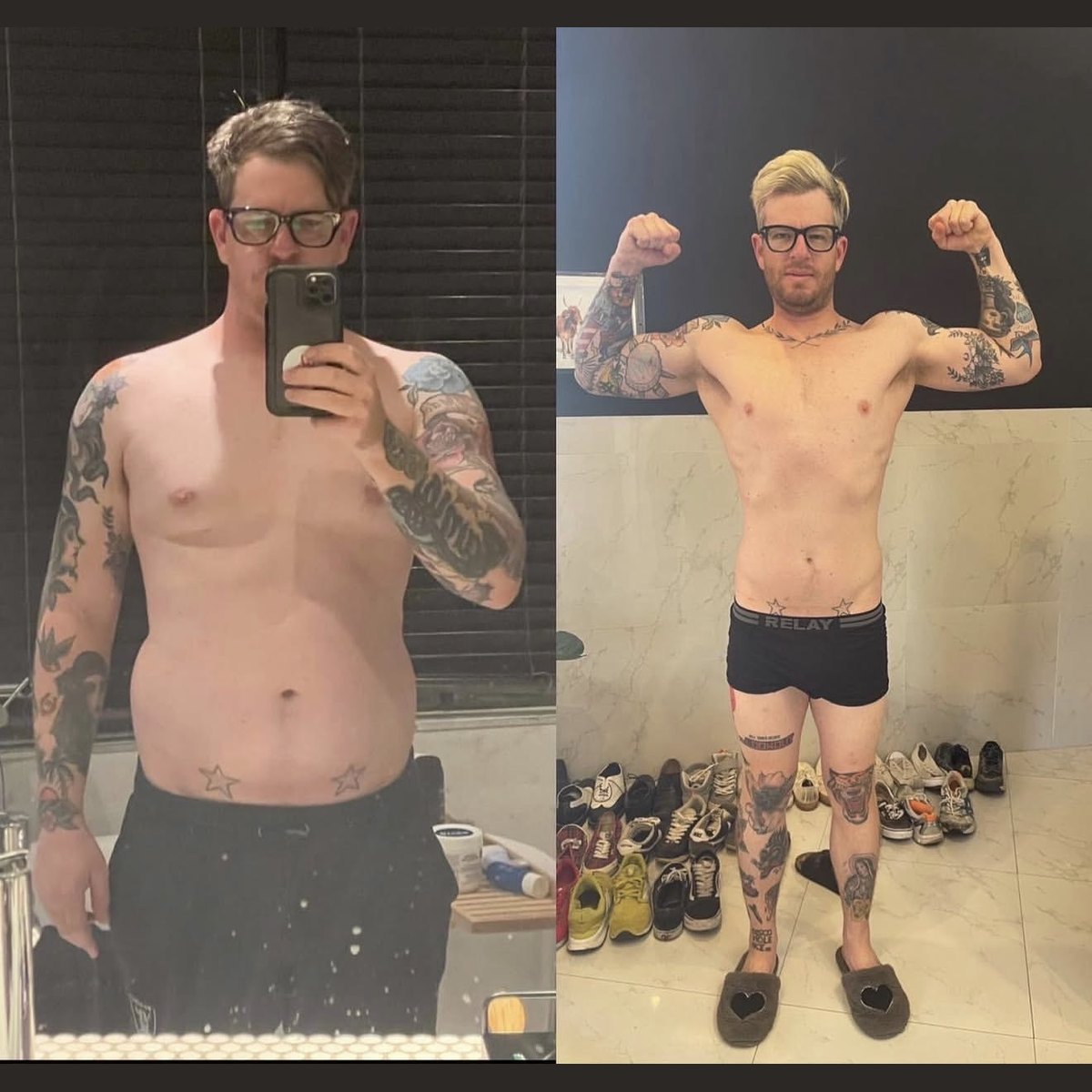 Client before and after, belly fat gone and arms filled out, 5 of 7